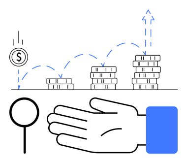 Eller bozuk paralara, büyüteçlere ve yukarı doğru yükselen oklu bozuk para yığınlarına doğru uzanıyor. Büyüme, yatırım, kâr, analiz, tasarruf başarısı için idealdir. Satır metaforu