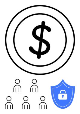 Çember simgelerinde altı kişi olan dolar sembolü. Kilitli mavi kalkan. Finans, güvenlik, iş, takım çalışması, koruma, toplum ve para için ideal. Satır metaforu