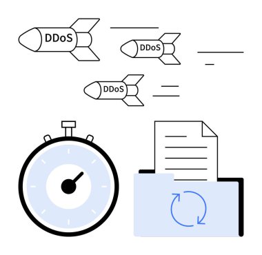 Roketler DDoS 'a bir kronometre ve içinde belge olan bir dosya klasörü etiketledi. Siber güvenlik, veri koruması, dijital tehditler, bilgi güvenliği, zaman yönetimi, siber saldırılar, bilişim savunması için ideal. Çizgi