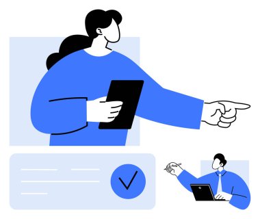 Küçük bir işadamı dizüstü bilgisayarla çalışırken elinde tablet olan bir iş kadını. İş sunumları, liderlik, takım çalışması, karar verme, uzaktan çalışma, üretkenlik için ideal