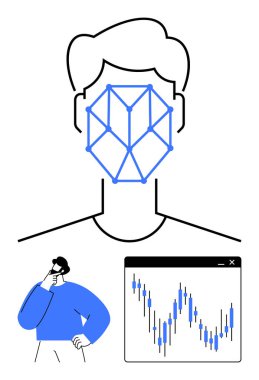 Geometrik yüz tanıma sistemine sahip insan yüzü, düşünceli insan ve veri grafik penceresi. Yapay zeka, veri analizi, teknoloji, yenilik, güvenlik araştırmaları ve gelecekteki kavramlar için idealdir. Çizgi