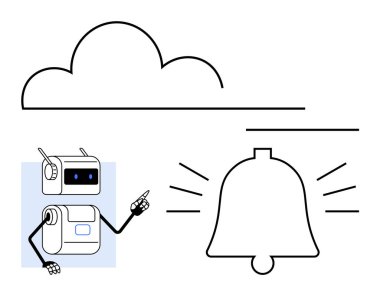 Robot, bulutun altındaki alarm zillerini işaret ederek dijital uyarıları ve bulut hesaplamalarını sembolize ediyor. Teknoloji, alarm, tebligat, bulut servisi, yapay zeka yardımı, robot bilimi için ideal