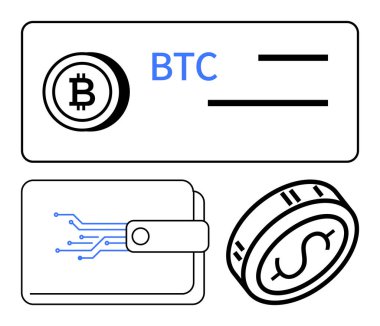 BTC 'li Bitcoin simgesi, devreli elektronik cüzdan ve dijital para. Kripto para birimi, engelleme zinciri teknolojisi, e-ticaret, dijital işlemler, finansal güvenlik, fintech modern