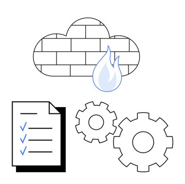 Alevli güvenlik duvarı sembolü, işaretli kontrol listesi ve ağ güvenliğini, verimliliği ve sistem optimizasyonunu temsil eden iki çark. IT, siber güvenlik, bulut hizmetleri ve sistem için ideal