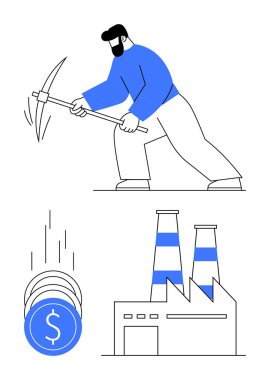 Kazma kullanan adam, maddi kazancı temsil eden bozuk paralar, bacalı fabrika. İş gücü, endüstri, üretkenlik, ekonomi, finansal büyüme ve imalat konuları için idealdir. Çizgi