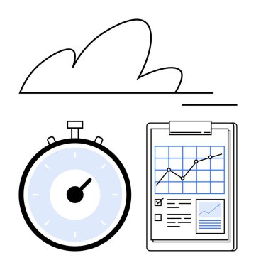 Bulutların altında veri tabloları olan kronometre ve pano. Üretkenlik, zaman yönetimi, performans analizi, bulut hesaplama, veri takibi, hedef başarı, iş verimliliği için idealdir. Çizgi