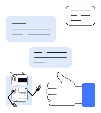 Konuşma baloncukları ve jestleri olan robot. Yapay zeka iletişimi, teknoloji, müşteri desteği, dijital etkileşim, modern uygulamalar, sohbet robotları, fütürist tasarımlar için idealdir. Satır metaforu