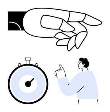 Çimdik hareketli kronometre yukarı bakan adamı işaret ediyor. Üretkenlik, kontrol, kesinlik, zaman yönetimi, fikirler, motivasyon ve strateji için ideal. Satır metaforu