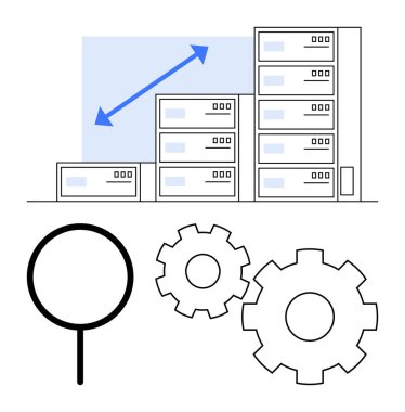 Binalar büyür, mavi oklar yukarı bakar, büyüteç, iki vites. Ticari büyüme, veri analizi, ölçeklendirme, gelişim başarı stratejisi ve optimizasyon temaları için ideal. Çizgi