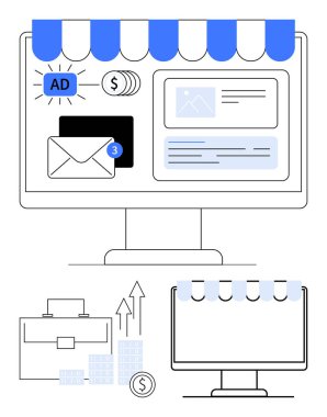 Elektronik posta bildirimi, reklamlar ve finansal unsurlar içeren mavi-siyah bilgisayar monitörü. Dijital pazarlama, e-ticaret, çevrimiçi iş, web tasarımı, e-posta pazarlama, reklamcılık için ideal