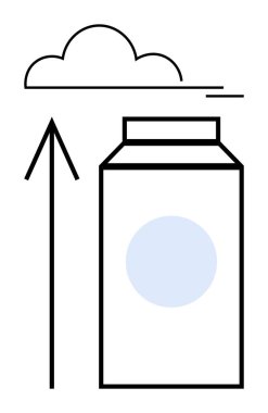 Süt kutusu, yukarı doğru ok ve bulut. Süt endüstrisi, büyüme, sürdürülebilirlik, çevre dostu ambalaj, bulut depolama, çevresel etki, eğitim malzemeleri için idealdir. Satır metaforu