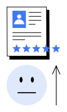 Beş yıldızlı bir derecenin yanında profil fotoğrafı ile devam edin, aşağıda nötr yüz simgesi, yukarı bakan ok. İş değerlendirmeleri, işe alım, İK süreçleri, performans ölçümleri, çalışanların geri bildirimleri için ideal