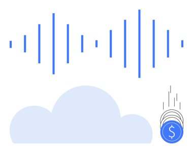 Bir bulutun üzerinde süzülen ses dalgaları. Gökten düşen dolar işaretli sikkeler. Bulut teknolojisi, ses hizmetleri, mali tasarruflar, yatırım, para yönetimi, teknoloji, veri