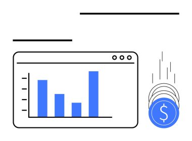 Finansal bar grafiği. Değişen yükseklikte dört mavi çizgi. Dolar işaretli bozuk paraların bitişiğinde. Yatırım, gelir artışı, mali planlama, ekonomik analiz ve iş için ideal