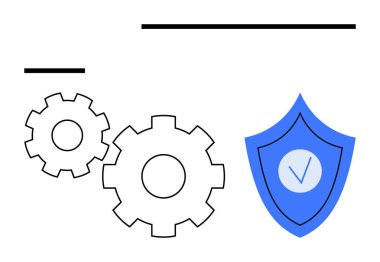 Mavi kalkanlı, birbirine kenetlenmiş iki vites. Güvenliği gösteren bir işaret var. Teknoloji, siber güvenlik, işletim verimliliği, otomasyon, ticari koruma, sistem güvenilirliği için ideal