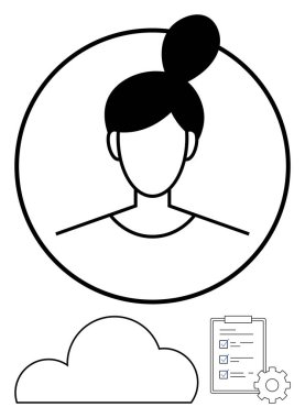 Bulutun yanındaki dairesel çerçevede kadın profili, kontrol işaretli kontrol listesi ve dişli simgesi. Görev yönetimi, bulut hesaplama, profil ayarları, proje planlaması, verimlilik, kullanıcı arayüzü için ideal