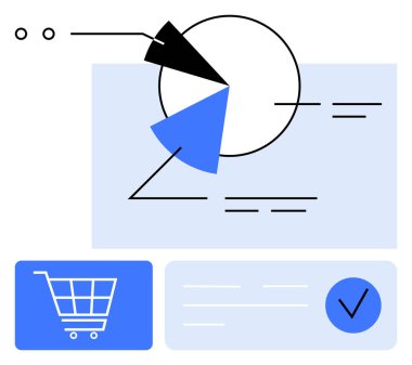 Beyaz, siyah, mavi ve çevrimiçi alışveriş arabası ikonu olan üç bölümlü dairesel grafik. İş raporları, e-ticaret, analitik, pazarlama, sunumlar, veri görselleştirme finansmanı için ideal. Çizgi
