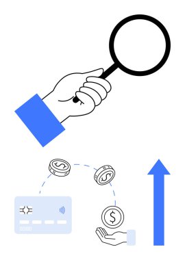 El ele tutuşan büyüteç, kredi kartı ve kesik çizgileri olan bozuk paraları incelemek. Mavi yukarı ok. Finansal analiz, yatırım, tasarruf, büyüme, değerlendirme ve bankacılık için ideal
