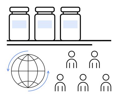 İlaç şişeleri, oklu küre ve ikonlar. Küresel sağlık, ilaç dağıtımı, sağlık hizmetlerine erişim, uluslararası ticaret, lojistik ve toplum sağlığı için ideal. Satır metaforu
