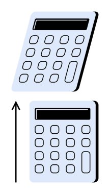 Yukarı doğru ok ile hesaplayıcı büyümeyi, öğrenme sürecini, matematiği, eğitimi, dönüşümü ve yeniliği vurgular. Teknoloji gelişimi, kariyer büyümesi, eğitim araçları ve finansal gelişim için ideal