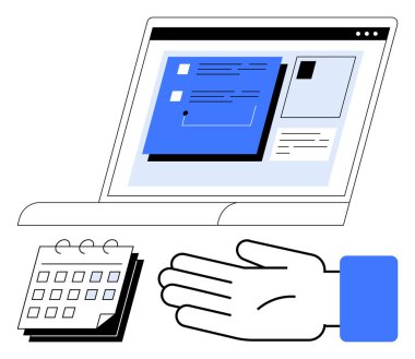 Takvim, web sayfası ve eli olan laptop ekranı. Program, planlama, verimlilik, zaman yönetimi, organizasyon dijital araçlar verimlilik için idealdir. Satır metaforu