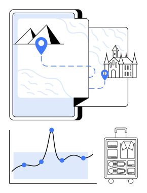 Castle dağlarına giden haritalı akıllı telefon valiz grafiği. Seyahat, teknoloji, akıllı planlama, turizm, veri analizi, tatil paketleme, keşif için ideal. Satır metaforu