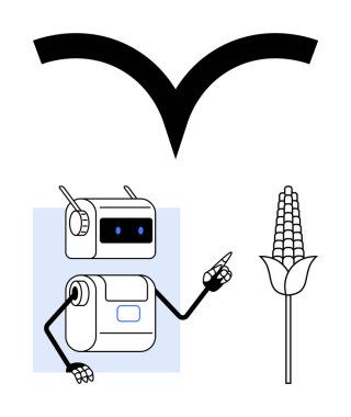 Robot mısırı işaret ediyor ve üzerinde kuş işareti var. Teknoloji, tarım, yenilik, yapay zeka, robotik, tarım ve gelecek için ideal temalar. Satır metaforu
