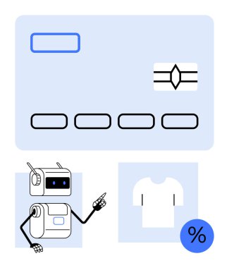 Robot, indirim sembollü kredi kartı ve gömlek ikonunu gösteriyor. Alışveriş, teknoloji, perakende, e-ticaret, pazarlama, ödeme ve indirim için ideal. Satır metaforu