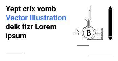 Bir blok zincirine bağlı devre kartındaki kripto para birimi Bitcoin sembolü, yanında da dikey bir kalem. Finans, teknoloji, engelleme zinciri, kripto para birimi, teknoloji blogları ve eğitim içeriği için ideal