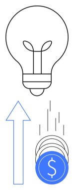 Düşen bir yığın mavi sikke ve yukarı doğru bir ok üzerinde ampul. İş stratejileri, girişimler, mali başarı, yenilik, yatırım büyümesi, yaratıcı düşünce ve ekonomik kavramlar için ideal