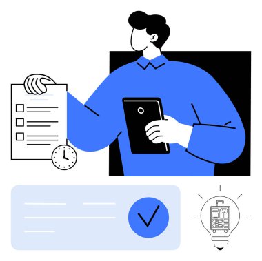 Elinde saat ve ampul çizimleri olan bir tablet ve kontrol listesi tutan kişi. Üretkenlik, proje yönetimi, planlama, organizasyon, zaman izleme, görev listeleri, beyin fırtınası için ideal. Çizgi