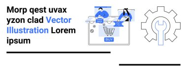 Grafikli e-ticaret analitik ekranı, alışveriş arabası simgesi, veri analiz eden insanlar ve ayarlar için ekipman. Çevrimiçi alışveriş, veri analizi, web tasarımı, teknoloji, pazarlama sektörü için ideal