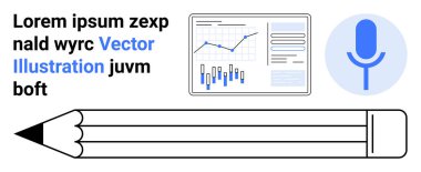 Kalem, ekranda artan ve azalan veri noktaları, sözlük tarzı metin ve mikrofon simgesi olan grafik. Sunumlar için ideal, veri analizi, yaratıcı projeler, içerik oluşturma, yazma
