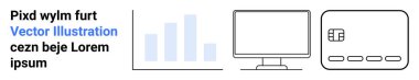 Veri analizi, teknoloji entegrasyonu ve finansal işlemleri temsil eden bar çizelgesi, bilgisayar monitörü ve kredi kartı grafiği. Sunumlar, teknolojik çözümler, finansal hizmetler için ideal