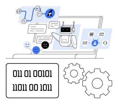 Laptop ekranındaki yapay zeka sohbet robotu sohbet baloncukları ve simgeler aracılığıyla kullanıcılarla iletişim kuruyor. Aşağıdaki dişli simgeleriyle gösterilen ikili kod. Müşteri hizmetleri, otomasyon, yapay zeka ve teknoloji için ideal.