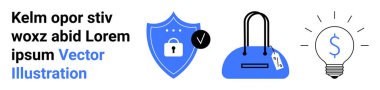 Asma kilitli bir güvenlik kalkanı, fiyat etiketli bir çanta ve dolar sembollü bir ampul. Finans, güvenlik, e-ticaret, yenilik, çevrimiçi alışveriş, bankacılık ve perakende kavramları için ideal