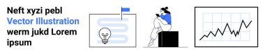 Zigzag yolu olan bir ampul, bir blokta otururken kitap okuyan biri ve yükselen bir grafik. Beyin fırtınası, yenilik, eğitim, verimlilik, analiz stratejisi büyümesi için idealdir. İniş