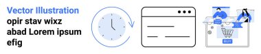 Zaman yönetimini sembolize eden saat, dijital erişilebilirliği temsil eden tarayıcı penceresi, el arabası ve satın alma düğmesiyle online alışveriş yapan insanlar. E-ticaret, dijital pazarlama, çevrimiçi hizmetler için ideal