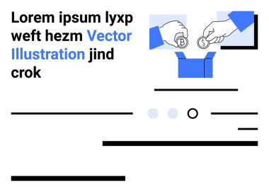 Eller bir kutuya bozuk para atıyor, buna yer tutucu metni, çizgiler ve noktalar da dahil. Finansal işlemler, bağışlar, yatırımlar, tasarruflar, hayır işleri, çevrimiçi ödeme, iş için ideal. İniş sayfası
