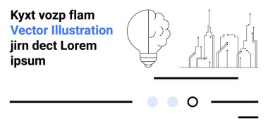 Bir fikri sembolize eden ampul, minimalist şehir manzarası, soyut çizgiler ve noktalar. Yenilik, teknoloji, yaratıcılık, akıllı şehirler, modern tasarım, çözümler ve minimalizm için idealdir. İniş sayfası
