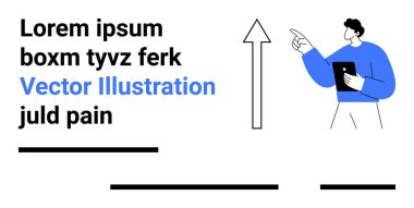 Tableti tutan karakter, yukarıyı gösteren, büyük ok, yer tutucu metin. İş kavramları, büyüme görselleri, teknoloji temaları, sunumlar, eğitim materyalleri, web sitesi başlıkları için ideal