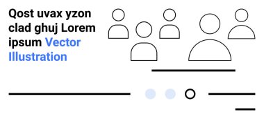 Minimalist çizgi sanatında 5 kişi simge, metin elemanı ve çeşitli soyut şekiller yer alıyor. Web siteleri, dijital arayüzler, sunumlar, kullanıcı etkileşimi, iletişim, modern tasarım için ideal