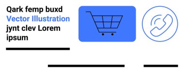 Mavi arka planda alışveriş arabası, telefon çağrısı ikonu, rastgele mesaj Qark femp buxd, siyah çizgiler. E-ticaret, müşteri hizmetleri, web tasarımı, uygulama geliştirme, pazarlama, reklamlar için ideal