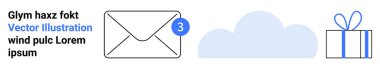 Bildirim balonu, bulut ve hediye kutusu ile zarf dijital iletişim, depolama ve ödülleri temsil eder. E- posta servisleri, bulut depolama, kutlamalar, bildirimler için ideal dijital hediyeler