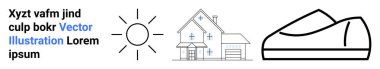 Basit minimalist vektör elementleri. Güneş, ev ve sahte metni olan modern bir ayakkabı. Yaşam tarzı, emlak, hava durumu, moda, ev dekorasyonu, yaz ve markalaşma için ideal. İniş sayfası