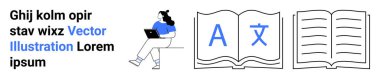 Dizüstü bilgisayar kullanan bir kadın, içinde harfler ve satırlar olan açık kitaplar, metin bloğu. Eğitim, e-öğrenme, çevrimiçi kurslar, çeviri, okuma, dijital kitaplar için ideal. İniş sayfası