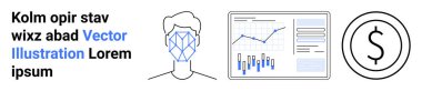 Geometrik desenli yüz diyagramı, grafikli analitik gösterge paneli, dolar sembolü. Teknoloji, yapay zeka, veri görselleştirme, finans, iş büyümesi, teknoloji güncellemeleri, finansal