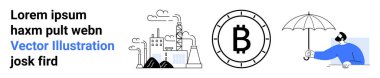 Gri tonda fabrika emisyonları, daire içinde Bitcoin sembolü, şemsiyeli mavi ceketli insan. Sürdürülebilirlik, kripto para birimi, hava koruma, sanayi etkisi, finans, koruma için ideal