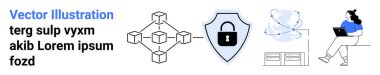 Blockchain ağı, kalkan kilidi, dijital bağlantılar, bilgisayar cihazları, dizüstü bilgisayar temalı kadın. Siber güvenlik, bilgi koruması, teknoloji, engelleme zinciri, uzaktan çalışma, dijital