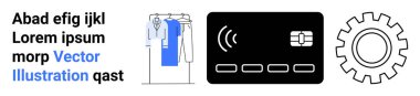 Temassız özellikli dijital ödeme kartı, askıda giysiler, vites simgesi ve örnek metin. E-ticaret, teknoloji, perakende, online alışveriş fintech otomasyon arayüzü için ideal. İniş